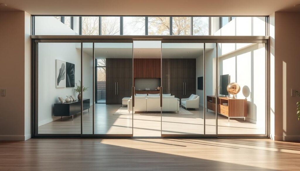 High-quality, custom-made glass sliding doors in a modern, minimalist design, bathed in warm, natural light. A spacious, airy interior with a seamless, unobstructed flow between rooms. Sleek, frameless glass panels glide effortlessly on hidden tracks, maximizing floor space and creating a sense of openness. Precision-engineered hardware ensures smooth, quiet operation. Meticulous craftsmanship showcases the beauty of the tempered, crystalline glass, reflecting the surrounding environment. A stunning, bespoke architectural feature that enhances the elegance and functionality of the living space.