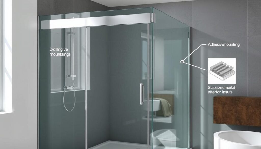 High-quality, detailed glass shower enclosure in a modern bathroom setting. A walk-in shower with various mounting options showcased, including drilling into the wall, adhesive mounting, and stabilization techniques. The scene depicts the installation process with precision, highlighting the different methods and materials used. The lighting is bright and natural, accentuating the transparency and reflection of the glass panels. The overall atmosphere is one of sleek, minimalist design and thoughtful engineering, suitable for an article on high-end glass shower solutions. High-quality, detailed glass shower enclosure in a modern bathroom setting. A walk-in shower with various mounting options showcased, including drilling into the wall, adhesive mounting, and stabilization techniques. The scene depicts the installation process with precision, highlighting the different methods and materials used. The lighting is bright and natural, accentuating the transparency and reflection of the glass panels. The overall atmosphere is one of sleek, minimalist design and thoughtful engineering, suitable for an article on high-end glass shower solutions.