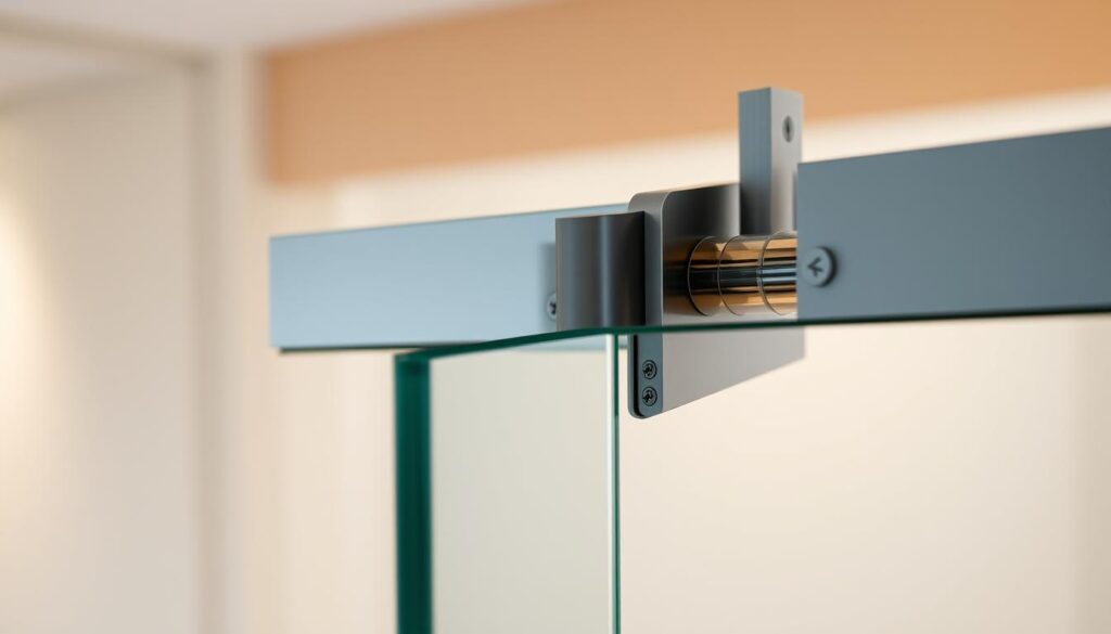 High-quality, finely-detailed close-up image of a modern, minimalist glass sliding door system showcasing its premium German engineering and construction. The frameless glass panels seamlessly glide along a sleek, brushed metal track with precision ball-bearing rollers, creating a smooth, effortless motion. Subtle ambient lighting accentuates the clarity and purity of the glass, while the meticulously crafted hardware fittings exude a sense of premium quality and robust durability. The overall composition emphasizes the clean, modern aesthetic and high-end craftsmanship that exemplify the best of German design standards.