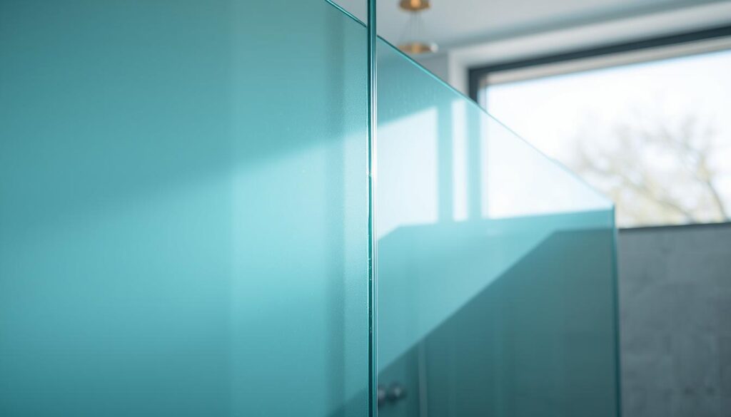 High-quality, tempered safety glass with a smooth, flawless surface and a slight sheen, illuminated by soft, diffused natural lighting from a large window. The glass appears to be part of a modern, frameless shower enclosure, its clean lines and minimalist design reflecting a contemporary aesthetic. The glass has a slightly bluish tint, giving it a crisp, refined appearance. The scene conveys a sense of elegance, simplicity, and attention to detail, aligning with the "Glas, Sicherheit und Beschichtungen" section of the article.