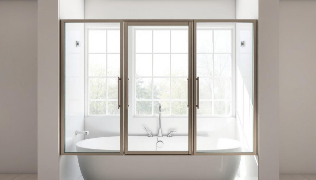 Intricate, multi-part bathtub enclosure set against a bright, minimal interior with natural lighting from large windows. The enclosure features sleek, tempered glass panels that artfully fold and slide to create an elegant, customizable barrier. Smooth metal frames in a matte finish seamlessly integrate with the surrounding tiles and fixtures. The enclosure's modular, partially folding design allows for flexible and space-saving installation. Capture the enclosure's refined, modern aesthetic, showcasing its premium build quality and thoughtful engineering.