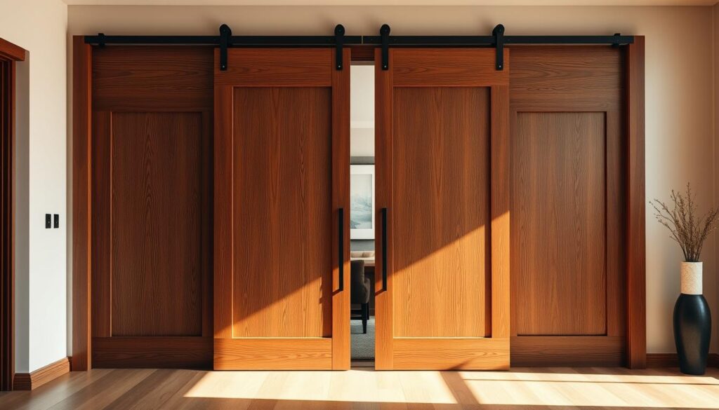 Majestic wooden sliding doors, their grain and texture meticulously captured in high detail. Illuminated by warm, natural lighting that casts gentle shadows, highlighting the craftsmanship. The doors are seamlessly integrated into a clean, modern interior, creating a harmonious and inviting atmosphere. Soft, neutral tones and minimalist decor allow the wood's beauty to take center stage. The camera's perspective is at eye level, showcasing the doors' impressive scale and functionality. An alluring, bespoke solution that blends form and function, perfectly suited for a high-end residential or commercial space.