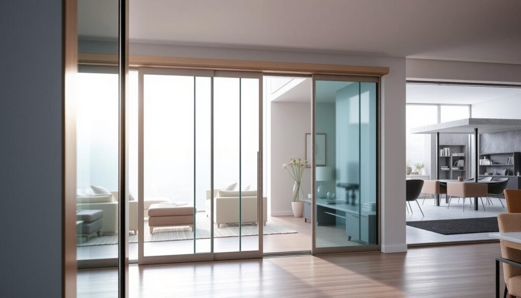 Montage glass sliding door, sleek and seamless, blending effortlessly into modern interiors. Polished metal frames in the foreground, gleaming with precision craftsmanship. Soft, diffused lighting illuminates the transparent panels, creating an airy, open atmosphere. In the middle ground, the door slides smoothly, highlighting the effortless functionality. Architectural details, such as subtle track systems and concealed hardware, complement the minimalist design. The background showcases a range of potential applications, from cozy living spaces to bright, open-plan layouts, showcasing the versatility of this bespoke glass solution.