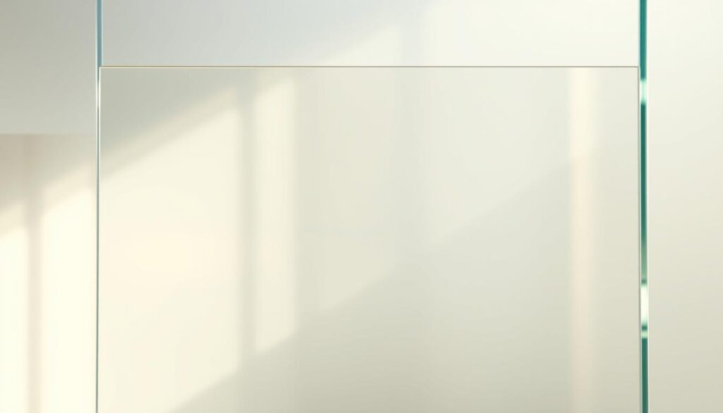 Photorealistic render of a sheet of clear, tempered safety glass (sicherheitsglas klarglas) with a glossy, transparent surface. The glass is positioned in the center of the frame, casting subtle reflections and refractions of the surrounding environment. Soft, directional lighting creates a warm, natural atmosphere, highlighting the material's inherent clarity and structural integrity. The camera angle is slightly elevated, allowing the viewer to appreciate the glass's refined design and high-quality craftsmanship. The overall composition emphasizes the glass's functional and aesthetic qualities, showcasing its suitability for use in modern shower enclosures and partitions. Photorealistic render of a sheet of clear, tempered safety glass (sicherheitsglas klarglas) with a glossy, transparent surface. The glass is positioned in the center of the frame, casting subtle reflections and refractions of the surrounding environment. Soft, directional lighting creates a warm, natural atmosphere, highlighting the material's inherent clarity and structural integrity. The camera angle is slightly elevated, allowing the viewer to appreciate the glass's refined design and high-quality craftsmanship. The overall composition emphasizes the glass's functional and aesthetic qualities, showcasing its suitability for use in modern shower enclosures and partitions.