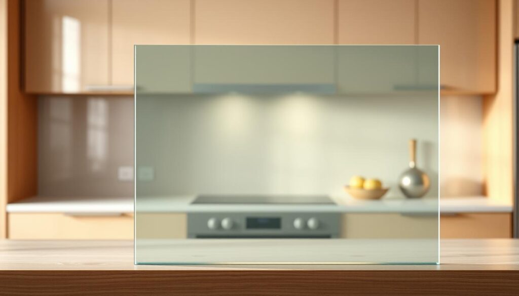 Sicherheitsglas, a sturdy and transparent material, stands prominently in the foreground, its smooth surface reflecting the soft, diffused lighting. The middle ground reveals a sleek, modern kitchen backsplash, the glass panels seamlessly integrated into the overall design. In the background, a subtle gradient of warm, earthy tones creates a sense of depth and balance. The composition highlights the technical qualities of sicherheitsglas, its durability, and its ability to enhance the aesthetic appeal of a kitchen environment. The scene conveys a mood of sophisticated, understated elegance, inviting the viewer to appreciate the versatility and functionality of this specialized glass material.