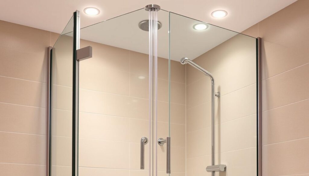Sleek, modern 90x90 shower enclosure with a glass door, set against a tiled bathroom backdrop. The glass panels seamlessly integrate with the polished chrome fittings, creating a cohesive, high-end look. Warm, diffuse lighting from recessed ceiling fixtures casts a soft glow, highlighting the clean lines and premium materials. The spacious, minimalist design allows for easy entry and exit, with ample room to move around comfortably. Attention to detail is evident in the precise installation and flush-mounted hardware. This complete shower solution embodies quality and sophisticated style, perfectly suited for the "Komplettduschen 90x90: alles drin, alles passt" section.