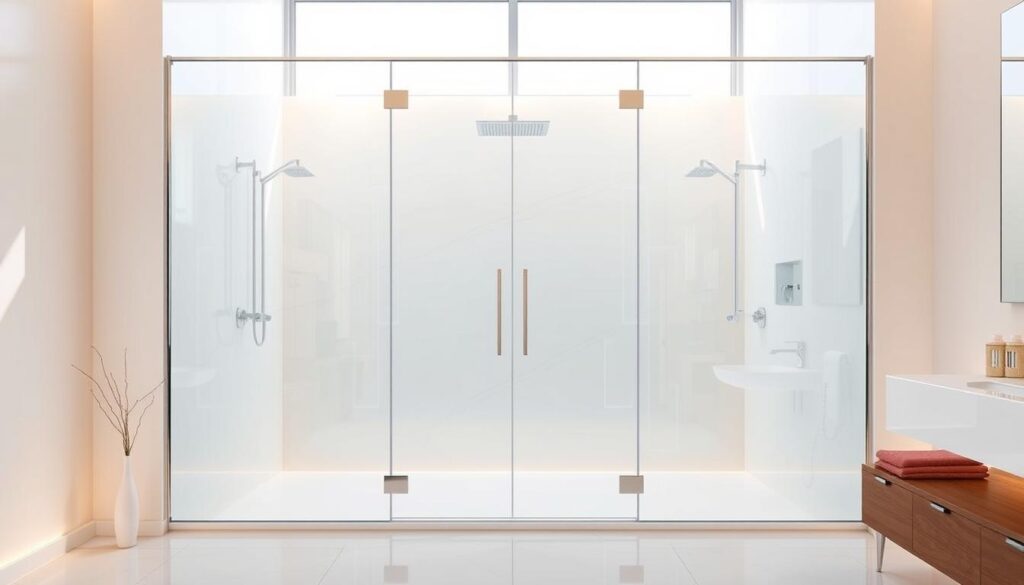 Sleek, modern glass shower enclosure set against a bright, airy backdrop. Frameless panels with clean lines and seamless transitions, allowing natural light to flow through. Reflective surfaces create a sense of spaciousness, while discreet hardware blends seamlessly. Emphasis on customization, with the ability to adjust panel sizes and configurations to suit the user's unique bathroom layout. Warm, soft lighting accentuates the transparency and enhances the overall luxurious ambiance. High-quality materials and expert craftsmanship convey a feeling of elegance and attention to detail. The glass shower partition serves as the focal point, showcasing innovative design solutions for a truly personalized walk-in shower experience.