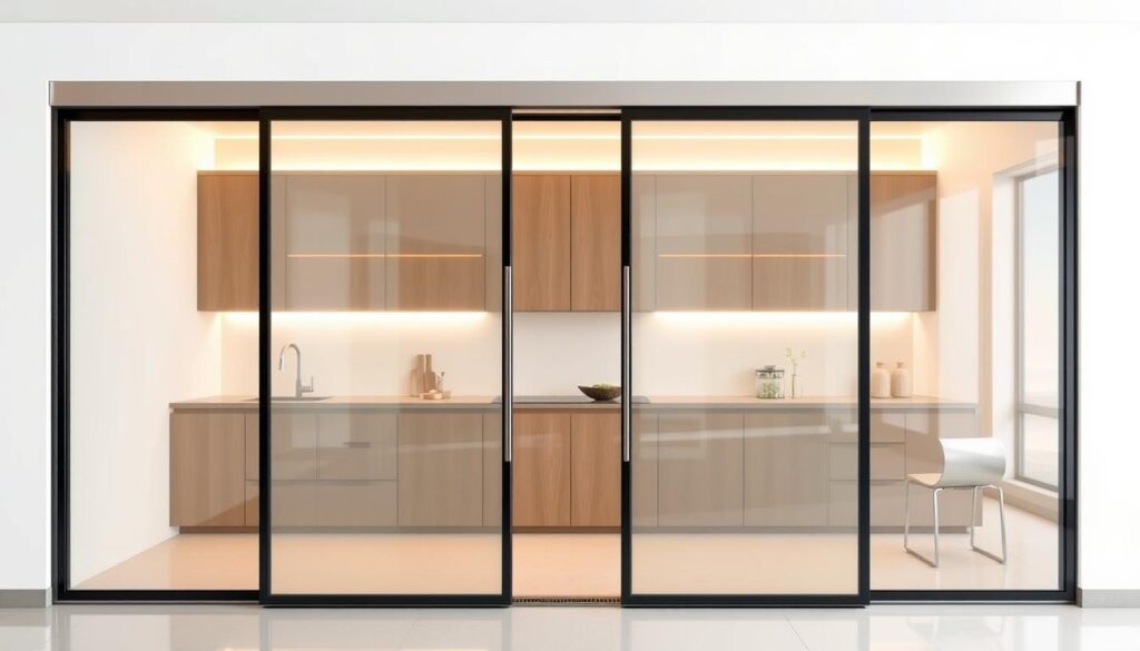 Sleek, modern glass sliding door system with premium aluminum frame. Pristine, tempered safety glass panels seamlessly glide along a high-quality stainless steel rail. Recessed bottom track for smooth, unobstructed transition. Soft-close mechanism gently pulls the door to a secure shut. Precisely engineered components ensure effortless, quiet operation. Warm, diffused lighting accentuates the crystalline transparency. Minimal, geometric design complements a contemporary kitchen aesthetic. Elevated craftsmanship and premium materials for a luxurious, functional centerpiece. Sleek, modern glass sliding door system with premium aluminum frame. Pristine, tempered safety glass panels seamlessly glide along a high-quality stainless steel rail. Recessed bottom track for smooth, unobstructed transition. Soft-close mechanism gently pulls the door to a secure shut. Precisely engineered components ensure effortless, quiet operation. Warm, diffused lighting accentuates the crystalline transparency. Minimal, geometric design complements a contemporary kitchen aesthetic. Elevated craftsmanship and premium materials for a luxurious, functional centerpiece.