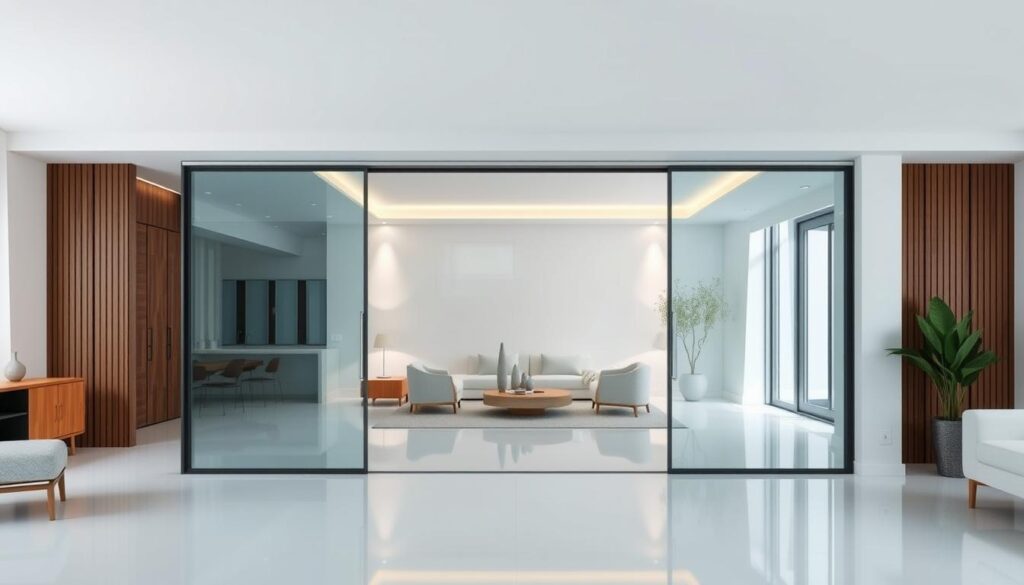 Sleek, modern glass sliding doors in a bright, airy interior. A central focal point, the doors feature a clean, minimalist design with a smooth, glossy surface that reflects the surrounding space. Subtle accent lighting illuminates the glass, creating a sense of depth and dimension. The doors appear to seamlessly integrate with the overall decor, blending harmoniously with the contemporary furnishings and natural materials. A serene, well-balanced composition that showcases the versatility and visual appeal of glass sliding doors as a design element. Sleek, modern glass sliding doors in a bright, airy interior. A central focal point, the doors feature a clean, minimalist design with a smooth, glossy surface that reflects the surrounding space. Subtle accent lighting illuminates the glass, creating a sense of depth and dimension. The doors appear to seamlessly integrate with the overall decor, blending harmoniously with the contemporary furnishings and natural materials. A serene, well-balanced composition that showcases the versatility and visual appeal of glass sliding doors as a design element.