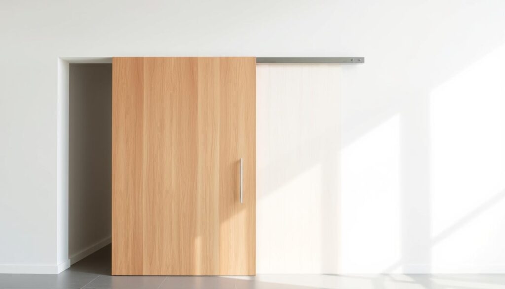 Sleek, modern sliding door system set against a minimalist white wall. The door panels seamlessly glide along a discreet track, flush with the wall surface. Smooth, uninterrupted lines create a clean, sophisticated aesthetic. Bright, natural lighting filters in, casting gentle shadows and highlighting the simple, elegant design. The sliding mechanism operates with precision and ease, allowing for effortless access and flow between spaces. This versatile, space-saving solution embodies the essence of contemporary interior design, blending form and function for an impactful, visually striking result.