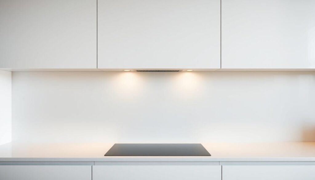 Sleek, seamless kitchen splashback in a modern, minimalist style. The surface has a smooth, glossy finish that effortlessly blends into the surrounding countertop and cabinetry. Warm, directional lighting casts a soft, even glow across the unblemished surface, highlighting its clean, uninterrupted lines. The splashback appears to be made of a high-quality, non-porous material that is easy to clean and maintain, offering a practical and stylish alternative to traditional tiled backsplashes. The overall aesthetic conveys a sense of sophistication and attention to detail, perfectly suited for a contemporary kitchen interior.