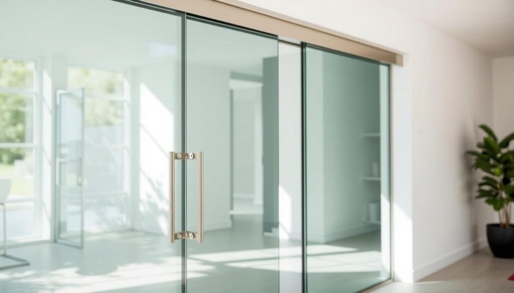 a glass sliding door with a sleek, modern design, set against a bright, airy backdrop. the door features a minimalist frame in a stainless steel or aluminum finish, allowing the tempered glass panels to take center stage. the glass has a smooth, crystal-clear appearance, reflecting the surroundings and allowing natural light to flood the space. the door is seamlessly integrated into the wall, creating a clean, harmonious look. the mechanism operates silently and effortlessly, gliding open and closed with precision. the overall composition exudes a sense of elegance, functionality, and high-quality craftsmanship, perfectly capturing the essence of a bespoke glass sliding door.