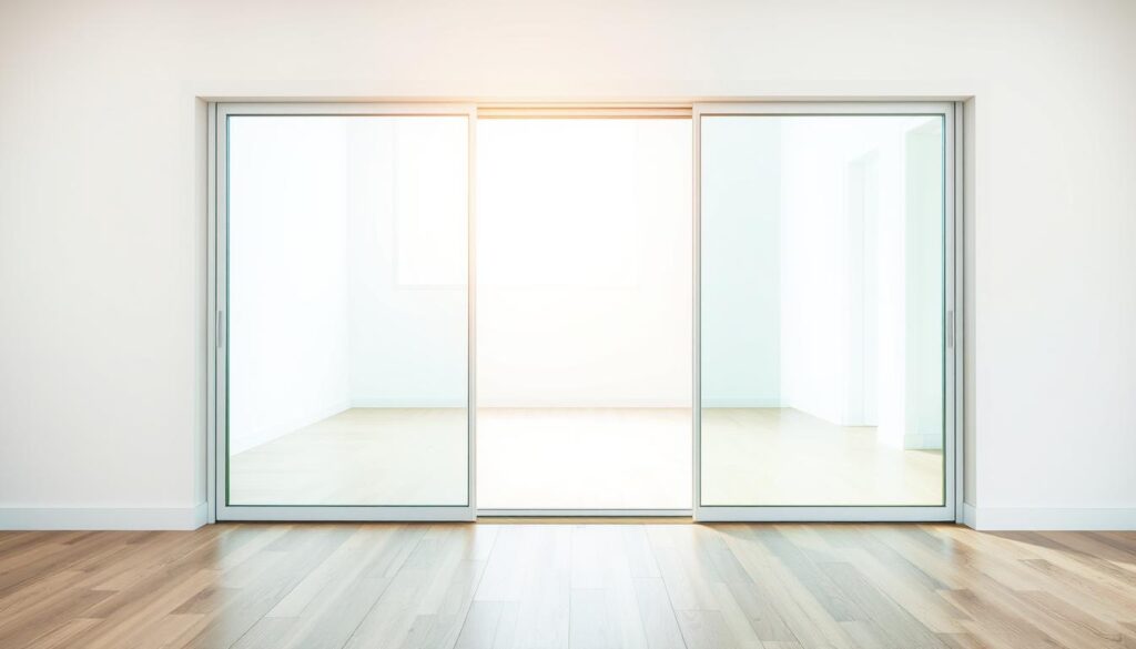 a large, modern, sliding glass door (glasschiebetür) in a bright, airy interior space. The door is made of thick, high-quality glass panels that slide smoothly along a sleek, minimalist metal track system. Warm, natural light streams in through the glass, illuminating the clean, minimalist design. The door's frame is a crisp, pure white, complementing the transparent glass panels. The space beyond the door features a serene, contemporary aesthetic with neutral tones and clean lines. Depth of field focuses on the exquisite details of the door's construction, showcasing its premium materials and exceptional craftsmanship. a large, modern, sliding glass door (glasschiebetür) in a bright, airy interior space. The door is made of thick, high-quality glass panels that slide smoothly along a sleek, minimalist metal track system. Warm, natural light streams in through the glass, illuminating the clean, minimalist design. The door's frame is a crisp, pure white, complementing the transparent glass panels. The space beyond the door features a serene, contemporary aesthetic with neutral tones and clean lines. Depth of field focuses on the exquisite details of the door's construction, showcasing its premium materials and exceptional craftsmanship.