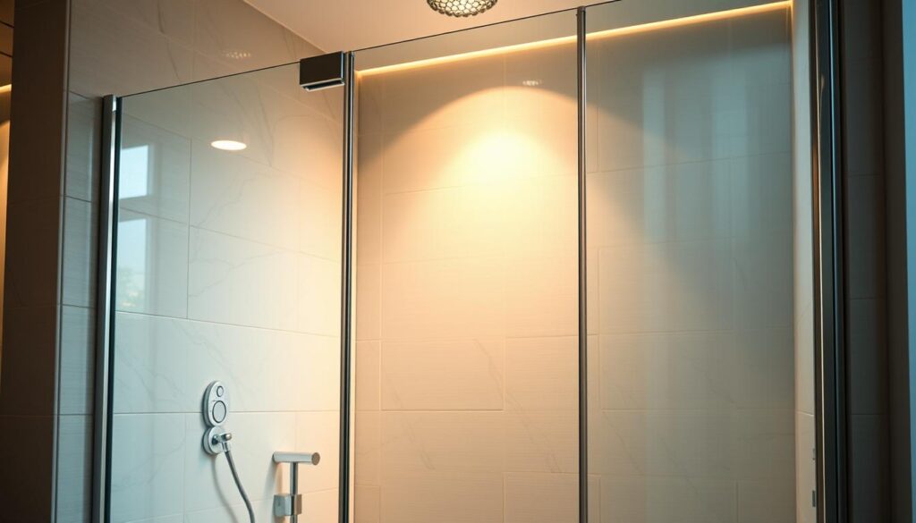 a photo of a custom-made plastic shower enclosure made of high-quality materials, with a sleek and modern design. The shower wall is framed in a minimalist aluminum profile, with a clear glass panel that allows natural light to flow in. The enclosure is seamlessly integrated into the bathroom's interior, creating a spacious and luxurious feel. The lighting is warm and ambient, casting a soft glow on the polished surface of the plastic. The overall composition showcases the product's superior craftsmanship and attention to detail, highlighting its suitability for a high-end bathroom setting. a photo of a custom-made plastic shower enclosure made of high-quality materials, with a sleek and modern design. The shower wall is framed in a minimalist aluminum profile, with a clear glass panel that allows natural light to flow in. The enclosure is seamlessly integrated into the bathroom's interior, creating a spacious and luxurious feel. The lighting is warm and ambient, casting a soft glow on the polished surface of the plastic. The overall composition showcases the product's superior craftsmanship and attention to detail, highlighting its suitability for a high-end bathroom setting.