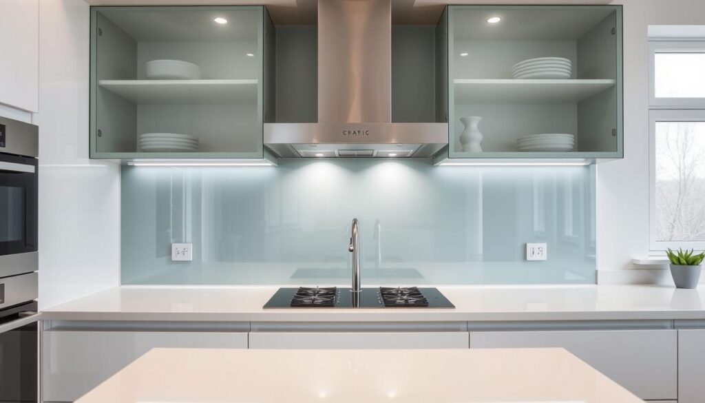 a photo of a modern kitchen backsplash with a sleek, minimalist "optik rückwand" design. The backsplash is made of high-quality, reflective glass panels that extend from the countertop to the underside of the upper cabinets, creating a seamless, uninterrupted surface. The glass has a subtle tint that adds depth and dimension, reflecting the natural light from the kitchen windows. The backsplash is flanked by clean, white cabinetry and a stainless steel appliance suite, creating a cohesive, high-end aesthetic. The scene is captured with a wide-angle lens to showcase the full extent of the backsplash, and the lighting is soft and even, accentuating the glass's sheen and the overall sophistication of the kitchen design.