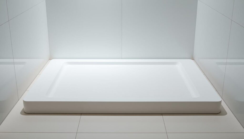 a sleek, modern duschwanne (shower tray) made of high-quality, durable materials, set against a bright, minimalist bathroom interior. the duschwanne is positioned centrally, with a seamless, ebenerdiger (flush-to-floor) design that creates a clean, uninterrupted visual flow. the tray has a subtle textured surface for added grip, and is framed by crisp, contemporary tiles in a neutral color palette. the lighting is soft and diffused, accentuating the smooth lines and elegant simplicity of the duschwanne. the overall scene conveys a sense of luxurious, spa-like tranquility, perfectly suited for the "duschwanne, sets und ebenerdiger einbau" section of the article.
