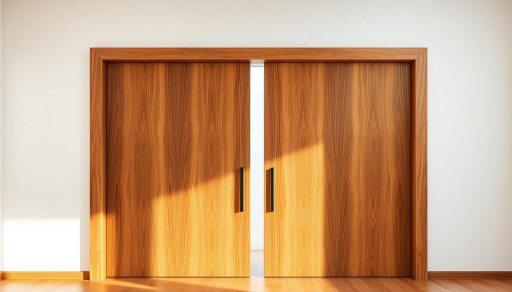A beautifully crafted wooden sliding door, its surface adorned with a rich, natural grain. The door stands in a well-lit room, casting soft shadows that accentuate its warm, earthy tones. The frame is made of sturdy, high-quality materials, seamlessly integrated into the surrounding architecture. The door's mechanism operates smoothly, gliding effortlessly along its track, inviting interaction. The overall composition exudes a sense of refined elegance and functional design, perfectly suited for a modern, minimalist interior. The lighting is soft and even, creating a welcoming ambiance that highlights the door's material qualities and seamless integration into the space.