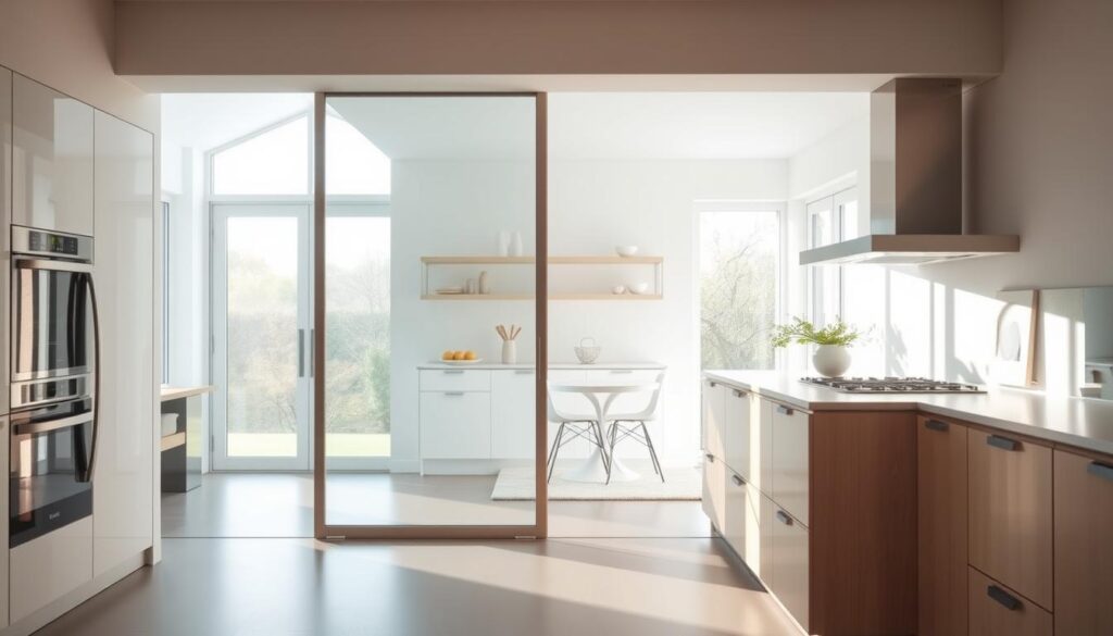 A bright and airy kitchen with a sleek sliding glass door in the foreground, its clean lines and frameless design blending seamlessly with the modern cabinetry and countertops. The door is slightly ajar, revealing a cozy nook beyond, perhaps a dining area or a casual seating space. Warm, natural light filters in through large windows, casting a soft glow on the minimalist yet inviting space. The overall atmosphere is one of effortless sophistication and functionality, capturing the perfect balance between form and function that characterizes the modern kitchen design.