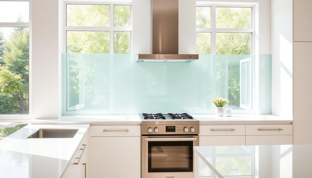 A bright, contemporary kitchen interior with a sleek glass backsplash that extends from the countertop to the ceiling, creating a seamless, easy-to-clean surface. The glass panel reflects the natural light flooding in through large windows, illuminating the crisp, white cabinetry and stainless steel appliances. The backsplash's smooth, glossy finish enhances the kitchen's modern, high-end aesthetic, protecting the walls from splashes and spills while adding a touch of sophistication. Captured at a slightly elevated angle to showcase the backsplash's striking visual impact and harmonious integration within the overall kitchen design.