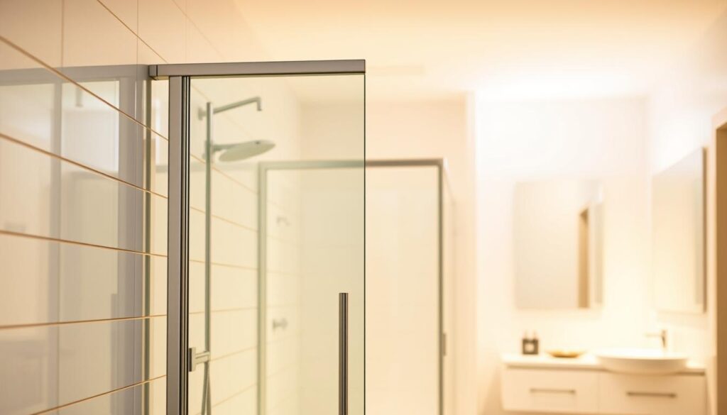 A bright, well-lit bathroom interior with a sliding glass shower door in the foreground. The door is mounted flush with the tiled wall, seamlessly integrated into the design. The middle ground features the shower enclosure, with a sleek, minimalist frame and glass panels that allow natural light to flow through. In the background, a modern vanity unit and mirror reflect the clean, spa-like atmosphere. The lighting is warm and diffuse, accentuating the smooth, reflective surfaces of the glass and tiles. The overall scene conveys a sense of effortless elegance and attention to detail in the bathroom's installation and maintenance.