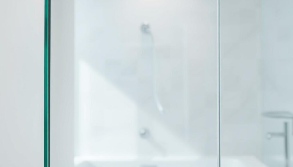A close-up, high-resolution image of a 6mm thick tempered safety glass panel, with a smooth, clean surface and a slight sheen. The glass is positioned in a well-lit, minimalist bathroom setting, showcasing its transparent and sleek appearance. The lighting is soft and indirect, creating a calming, spa-like atmosphere. The camera angle is slightly elevated, capturing the intricate details of the glass's texture and edges. The background is blurred, placing the focus entirely on the stunning glass panel and its flawless, scratch-resistant Nano coating.