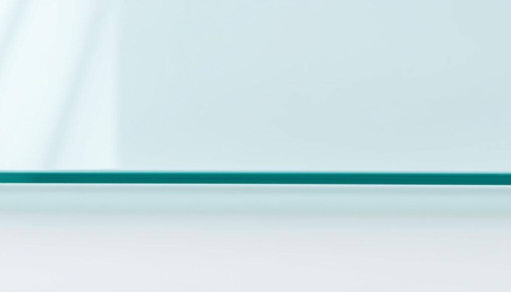 A close-up, high-resolution view of a sheet of 6mm tempered safety glass (ESG), capturing its smooth, uniform surface and the refined, crystalline texture of the material. The glass appears flawless, with a slight blue-green tint and a lustrous, mirror-like sheen that reflects the surrounding environment. The lighting is soft and diffused, creating a sense of clarity and highlighting the inherent quality and durability of the safety glass. The composition places the glass at the center, filling the frame and emphasizing its robust thickness and resilience, conveying a sense of reliability and security.