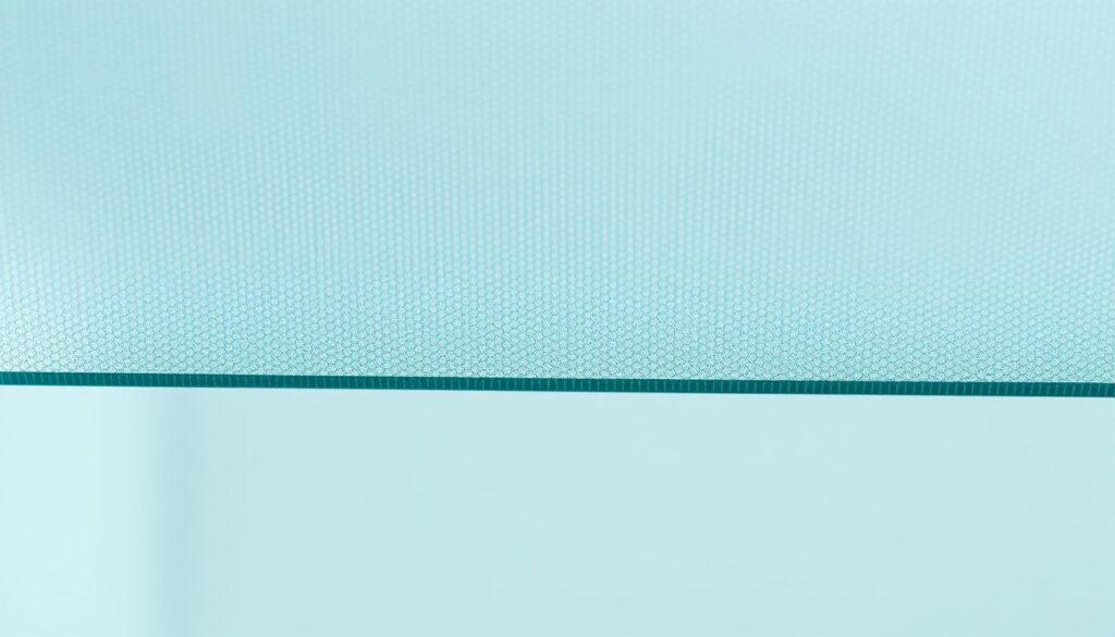 A close-up, macro shot of 8mm thick, nano-structured glass panel for a shower enclosure. The surface is perfectly smooth, with a subtle, uniform pattern of microscopic indentations that create a sleek, modern appearance. The glass has a semi-transparent, aqua-tinted hue, allowing some light to pass through while providing privacy. Bright, directional lighting highlights the depth and clarity of the material, creating a crisp, high-quality impression. The image showcases the durability and refined aesthetic of this premium glass component, suitable for a high-end sliding door or walk-in shower system.