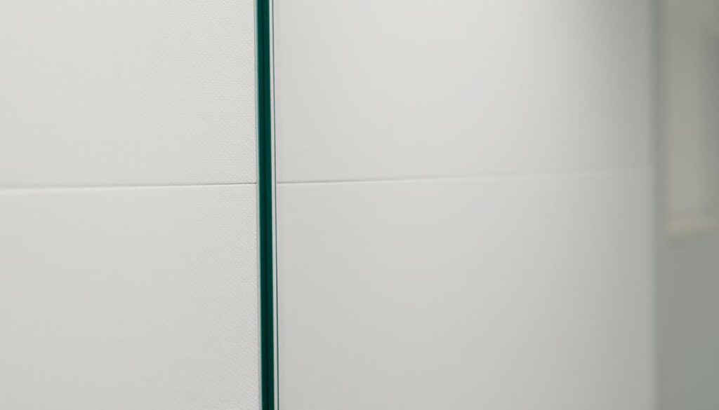 A close-up of a sturdy, transparent glass panel with a subtle, matte finish. The surface displays a delicate pattern of fine lines, reflecting the careful craftsmanship of the "montage sicherheitsglas" construction. The glass appears seamlessly integrated, conveying a sense of durability and high-quality design. Soft, diffused lighting illuminates the panel, highlighting its clean edges and the refined, minimalist aesthetic. The composition emphasizes the glass's structural integrity and everyday practicality, perfectly suited for a modern, stylish shower enclosure.