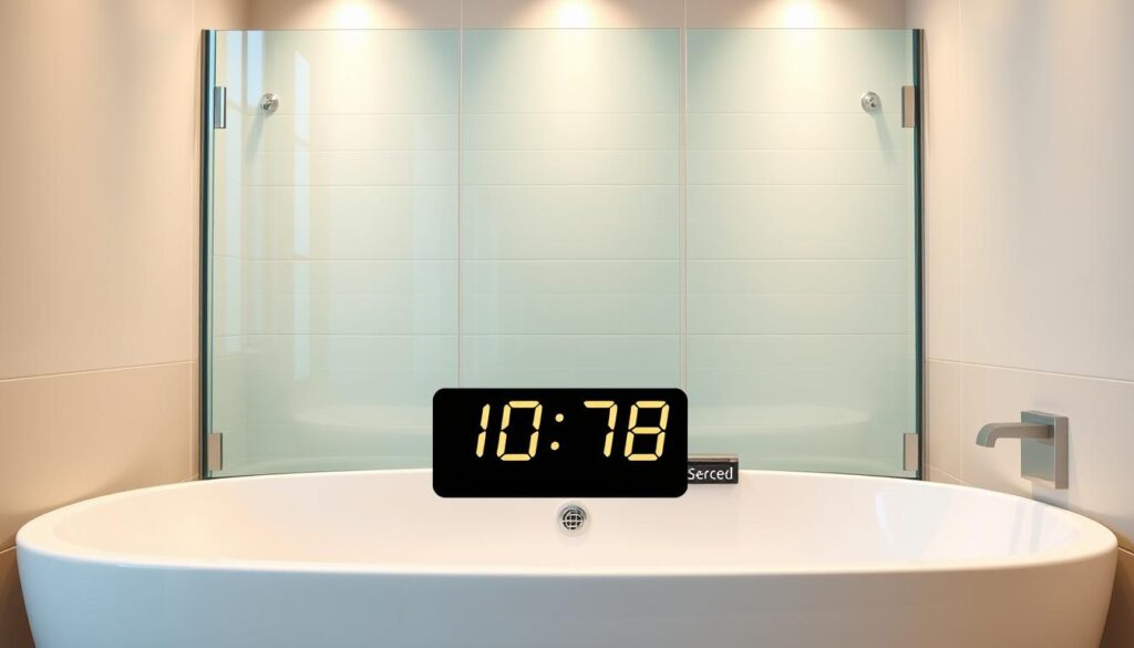 A contemporary, high-quality glass shower enclosure resting on a pristine porcelain bathtub, set against a minimalist bathroom backdrop. The glass panels glisten under soft, warm lighting, creating a serene and modern ambiance. In the foreground, a digital timer display shows the countdown of a speedy delivery, symbolizing the swift and efficient service promised. The overall composition conveys a sense of convenience, quality, and attention to detail, reflecting the core focus of the article section.