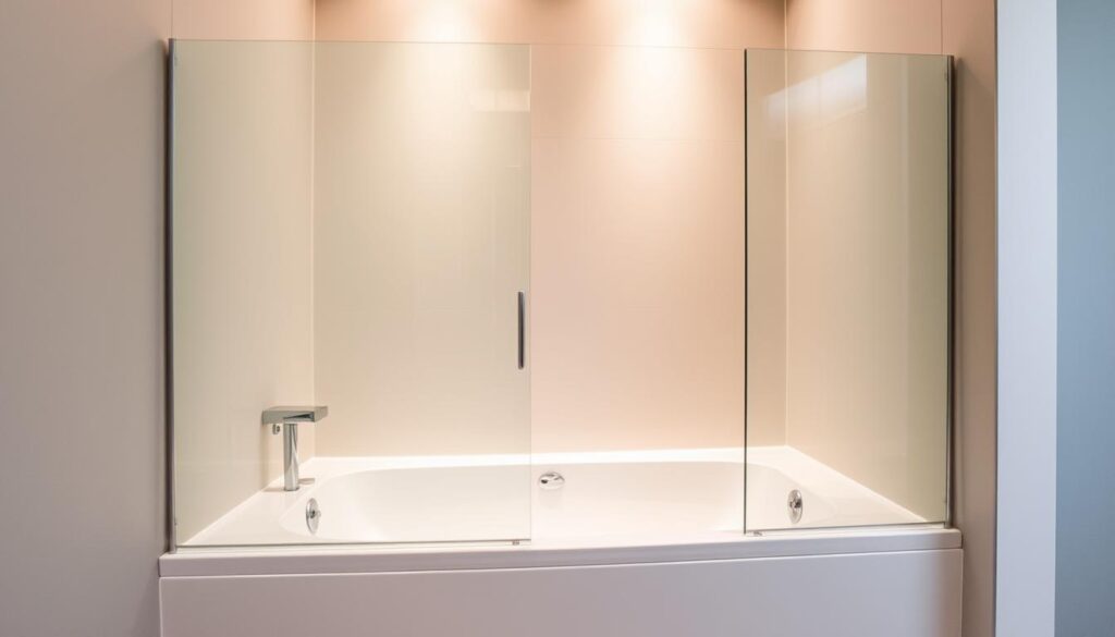 A corner bathroom glass shower enclosure with a sleek, minimalist design. The duschwand, or glass partition, is seamlessly integrated into the bathtub, creating a spacious, open feel. Smooth, tempered glass panels reflect the warm, indirect lighting, casting a soft, ethereal glow throughout the alcove. The frameless design and clean lines lend an elegant, sophisticated ambiance to the space. The duschwand's precise fit and custom measurements ensure a seamless, tailored appearance that complements the unique contours of the bathtub. An unobstructed, easy-access entryway allows for effortless movement in and out of the shower area.