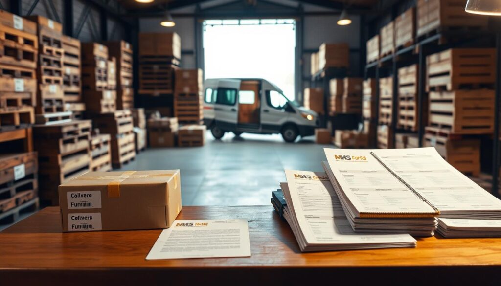 A cozy warehouse interior with stacks of wooden boxes and crates, illuminated by warm, soft lighting. Shipping labels and delivery documents are neatly organized on a wooden desk, reflecting the efficient logistics of a high-quality furniture retailer. In the background, a delivery van waits outside, ready to transport the custom-made products to their destinations. The scene conveys a sense of reliability, attention to detail, and a commitment to providing a seamless customer experience.