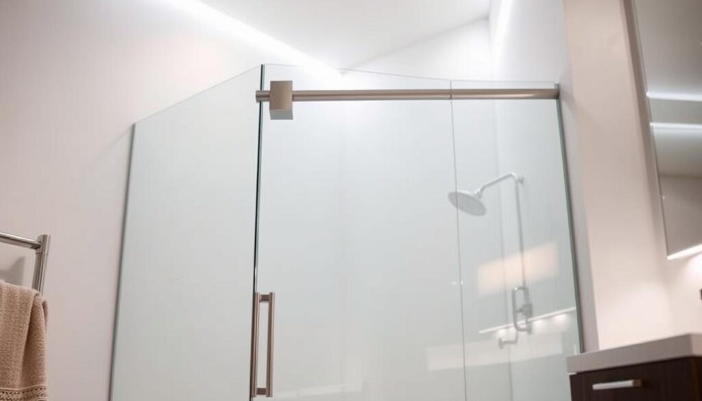 A custom-built glass shower enclosure with a sleek, minimalist design. A well-lit, modern bathroom interior with clean lines and a neutral color palette serves as the backdrop. The frameless glass panel is expertly measured and precisely fabricated to seamlessly integrate into the space, creating an unobstructed, high-end look. Soft, indirect lighting casts a warm glow, enhancing the luxurious ambiance. The camera captures the shower enclosure from a slightly elevated angle, showcasing its elegant form and flawless craftsmanship. The overall scene conveys a sense of sophisticated, bespoke functionality tailored to the user's needs.