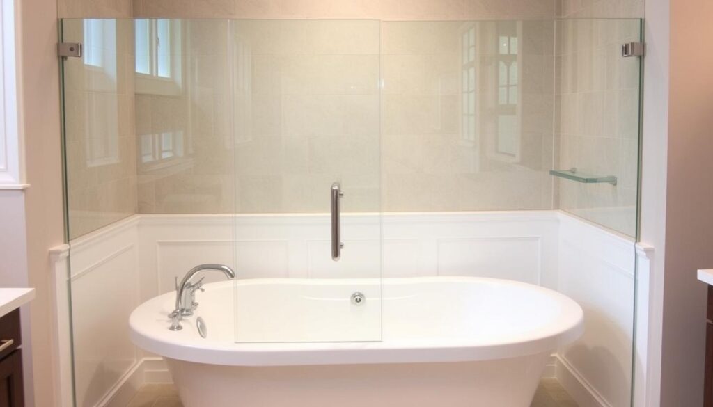 A custom-fitted glass shower screen gracefully encases a classic bathtub, creating a seamless and elegant bathroom sanctuary. The tempered glass panels gleam under the soft, diffused lighting, their clean lines and minimalist design effortlessly blending form and function. The shower screen is precisely measured and installed to ensure a perfect fit, providing a practical and visually striking barrier between the tub and the rest of the bathroom. The scene evokes a sense of tranquility and modern luxury, inviting the viewer to imagine the serene experience of bathing in this beautifully appointed space.