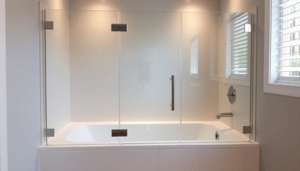 A custom, foldable glass shower enclosure for a bathtub, elegantly designed with clean lines and a sleek, frameless appearance. The tempered glass panels seamlessly integrate with the bathtub, creating a seamless, water-tight barrier. Soft, indirect lighting illuminates the scene, casting a warm, inviting glow. The enclosure effortlessly folds away when not in use, allowing for unobstructed access to the tub. Meticulously crafted hinges and hardware ensure smooth, reliable operation. The entire setup is tailored to the precise dimensions of the bathtub, delivering a bespoke, custom-fitted solution. A custom, foldable glass shower enclosure for a bathtub, elegantly designed with clean lines and a sleek, frameless appearance. The tempered glass panels seamlessly integrate with the bathtub, creating a seamless, water-tight barrier. Soft, indirect lighting illuminates the scene, casting a warm, inviting glow. The enclosure effortlessly folds away when not in use, allowing for unobstructed access to the tub. Meticulously crafted hinges and hardware ensure smooth, reliable operation. The entire setup is tailored to the precise dimensions of the bathtub, delivering a bespoke, custom-fitted solution.
