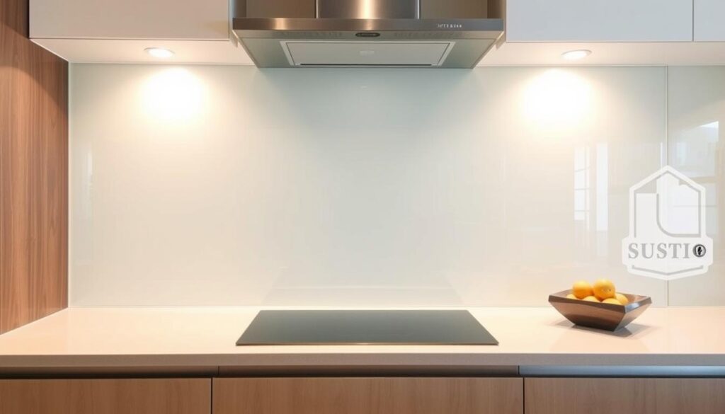 A custom-made glass backsplash for a modern kitchen, showcasing a seamless, high-quality design. The backsplash features a sleek, frameless glass panel with a smooth, reflective surface that blends effortlessly with the surrounding cabinetry and countertops. Precise measurements and careful fabrication ensure a perfect fit, creating a clean, integrated look. Soft, diffused lighting from above illuminates the glass, highlighting its clarity and depth. The scene conveys a sense of sophistication and attention to detail, reflecting the bespoke nature of the kitchen design.