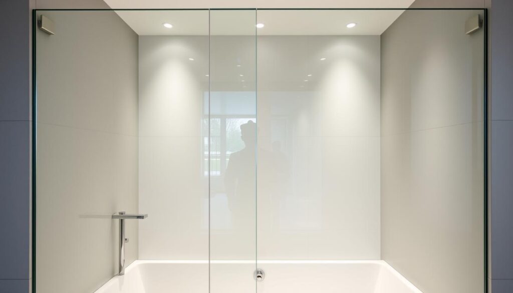 A custom-made glass wall in a modern, minimalist bathroom setting. The frameless, edge-to-edge glass panels seamlessly integrate with the surrounding architecture, creating a clean, uninterrupted visual flow. Subtle reflections dance across the polished surface, illuminated by soft, indirect lighting that emanates from hidden sources. The glass is meticulously measured and precisely cut to fit the unique dimensions of the space, allowing for a truly bespoke solution. The result is a sleek, sophisticated enclosure that showcases the beauty of high-quality, made-to-measure glass craftsmanship.