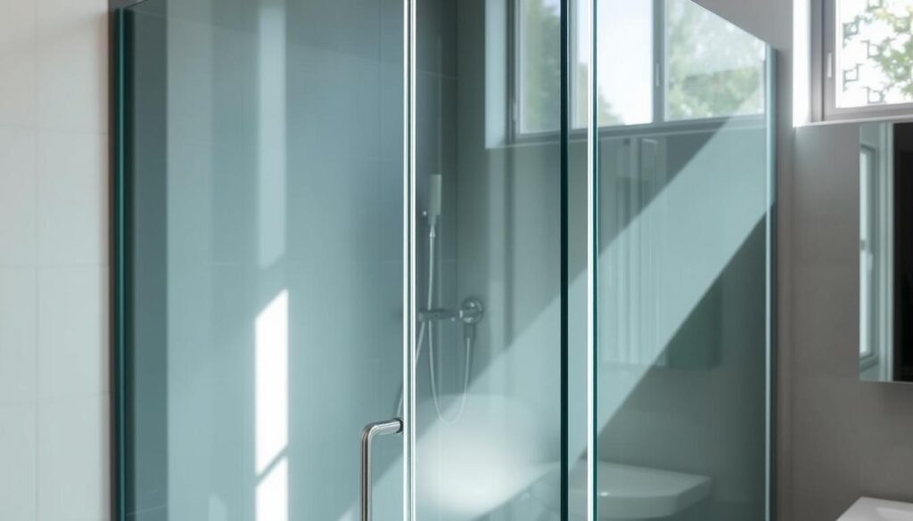 A custom-made shower partition crafted from high-quality, crystal-clear Echtglas (genuine glass). The glass panels are precisely measured and skillfully shaped to seamlessly fit the unique dimensions of the shower enclosure. Sunlight gently filters through the transparent surface, creating a warm, inviting atmosphere. The sleek, frameless design enhances the minimalist aesthetic, blending effortlessly with the surrounding bathroom decor. Intricate attention to detail is evident in the smooth edges and flawless finish, elevating the overall visual appeal. This bespoke Echtglas solution offers a striking, functional, and elegant solution for the modern bathroom.