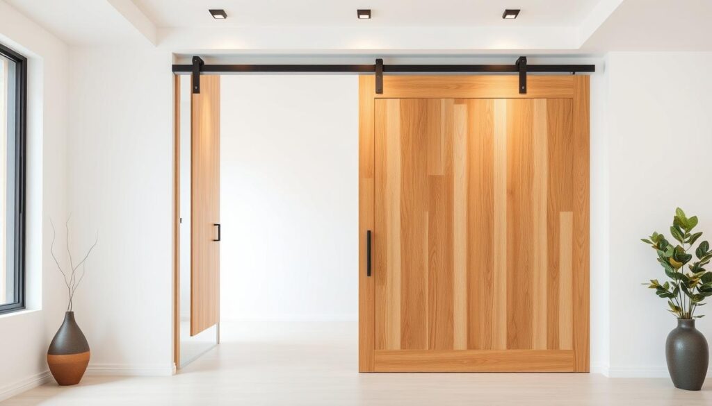 A detailed, high-quality image of a wooden sliding door in a modern, minimalist interior setting. The door is made of warm, natural-looking wood panels, with a sleek, minimalist design. The door is mounted on a discreet, industrial-style track system, allowing for smooth, effortless sliding motion. The room features clean, white walls and a neutral color palette, creating a serene, calming atmosphere. Soft, diffused lighting from overhead fixtures casts a warm glow on the wood, highlighting its texture and grain. The sliding door is the focal point, seamlessly blending function and aesthetic in a well-designed, carefully considered space.