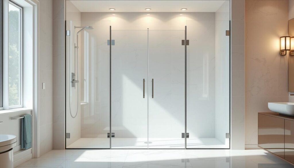 A foldable, custom-fitted glass shower enclosure for a flush-to-the-floor shower, showcasing seamless glass panels with a sleek, minimalist design. The glass is rendered with high clarity, allowing natural light to pour in and create a bright, airy ambiance. The enclosure is positioned in a luxurious bathroom setting, with elegant tile flooring and walls that complement the modern aesthetic. Warm, diffused lighting from overhead fixtures casts a soft glow, enhancing the transparency and reflective qualities of the glass. The overall composition emphasizes the clean lines, premium materials, and personalized fit of this bespoke shower solution.