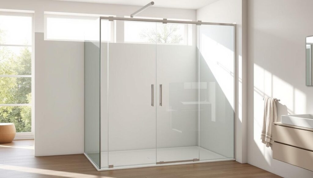 A foldable glass shower enclosure, meticulously crafted by Glastuerhop24, stands in a spacious, well-lit bathroom. Sleek panels of tempered glass seamlessly glide and unfold, creating a flexible and customizable barrier that seamlessly blends form and function. Sunlight streams in through large windows, casting a warm, natural glow on the transparent surfaces. The minimalist design exudes a sense of modern elegance, perfectly complementing the clean, contemporary aesthetic of the bathroom. The foldable nature of the enclosure allows for easy access and convenient adjustment, making it an ideal choice for users seeking a versatile and high-quality shower solution.
