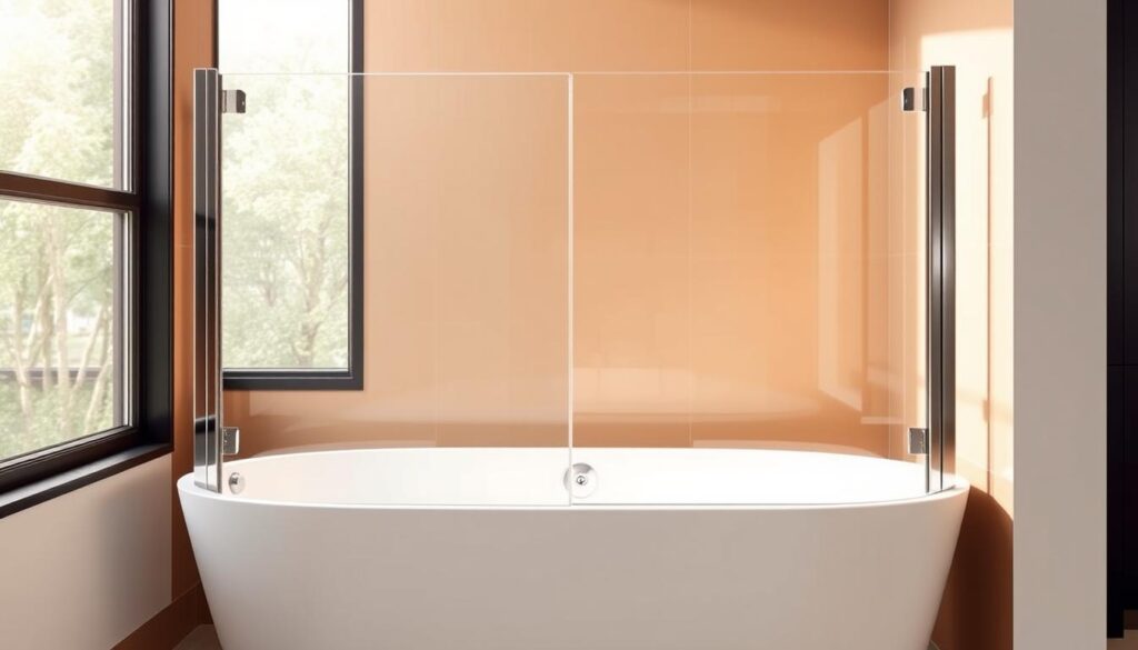 A folding glass shower screen perched atop a pristine white bathtub, bathed in warm, natural light filtering through a large window. The screen's seamless panels glide effortlessly, creating a flexible and customizable barrier that adapts to the space. Sleek metal frames in a brushed chrome finish accentuate the screen's modern aesthetic, while discreet hinges allow for easy installation and adjustment. The scene evokes a sense of luxurious functionality, perfectly suited for a contemporary bathroom setting.