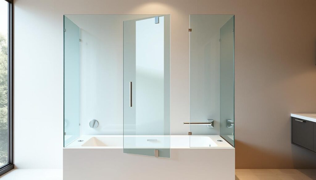A freestanding, glass-paneled bathtub enclosure, elegantly designed with clean lines and a modern aesthetic. The enclosure features a hinged, pivoting door that seamlessly integrates with the tub, creating a sleek and versatile bathing solution. Soft, diffused lighting illuminates the space, highlighting the transparent glass and polished metal fittings. The enclosure is positioned against a backdrop of a minimalist, spa-like bathroom, with a neutral color palette and subtle textures that enhance the overall sense of tranquility and relaxation. A freestanding, glass-paneled bathtub enclosure, elegantly designed with clean lines and a modern aesthetic. The enclosure features a hinged, pivoting door that seamlessly integrates with the tub, creating a sleek and versatile bathing solution. Soft, diffused lighting illuminates the space, highlighting the transparent glass and polished metal fittings. The enclosure is positioned against a backdrop of a minimalist, spa-like bathroom, with a neutral color palette and subtle textures that enhance the overall sense of tranquility and relaxation.