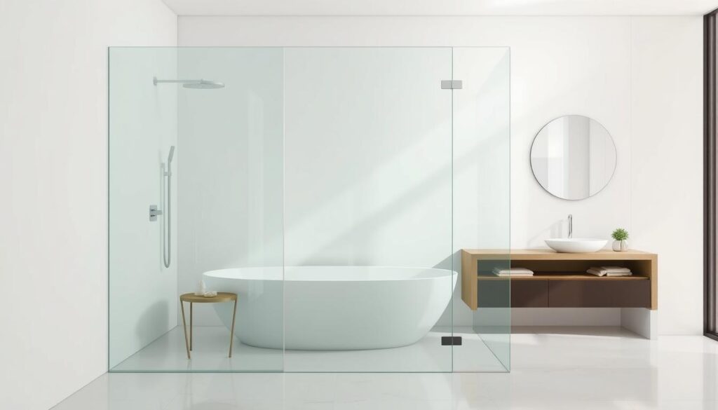 A freestanding glass wall panel in a modern, minimalist bathroom setting. The panel features a sleek, seamless design with a crystal-clear tempered glass surface that reflects the surrounding light beautifully. The panel is supported by minimal, discreet metal fixtures that blend seamlessly into the overall aesthetic. The bathroom space is flooded with natural light, creating a bright, airy atmosphere. The glass panel is available in a range of sizes, from compact solutions to extra-large expanses, allowing for customizable and tailored installations. The panel's precision-engineered thickness provides structural integrity and visual refinement, perfectly balancing form and function.