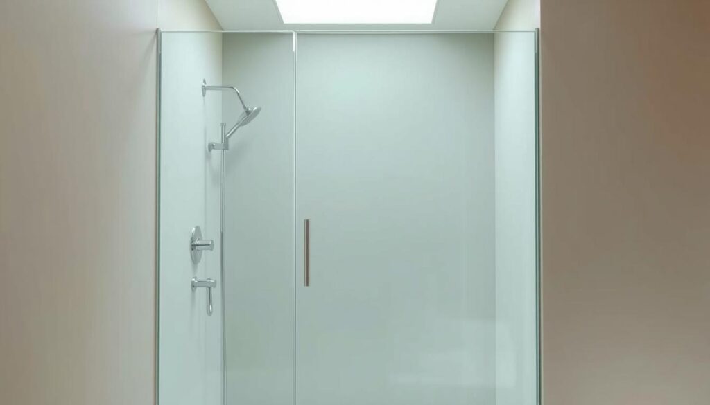 A glass shower enclosure standing in a modern, minimalist bathroom. The panel is made of clear, tempered glass with a sleek, frameless design, allowing natural light to flood the space. The glass surface is smooth and reflective, creating a sense of transparency and openness. The enclosure is positioned against a neutral-toned wall, complementing the overall clean and sophisticated aesthetic. Soft, directional lighting from above casts a warm glow, highlighting the glass's purity and the room's elegant simplicity. The scene conveys a sense of tranquility and luxury, inviting the viewer to imagine the experience of using this custom-made, high-quality shower partition.