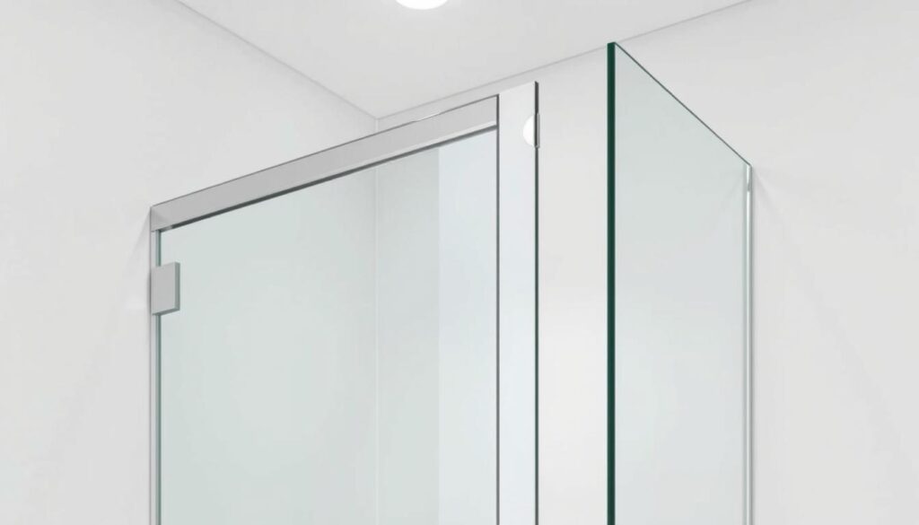 A glass shower partition with a sliding door, showcasing its sturdy and sleek design. The glass panel stands tall, its thickness and clarity conveying a sense of quality and durability. Precise measurements ensure a seamless fit within the bathroom's dimensions, creating a visually striking and functional focal point. Soft, diffused lighting from above highlights the glass's smooth surface and angular edges, casting gentle shadows that accentuate its architectural elegance. The overall composition emphasizes the partition's stability, reliability, and integrated aesthetic, perfectly complementing the modern bathroom's décor.