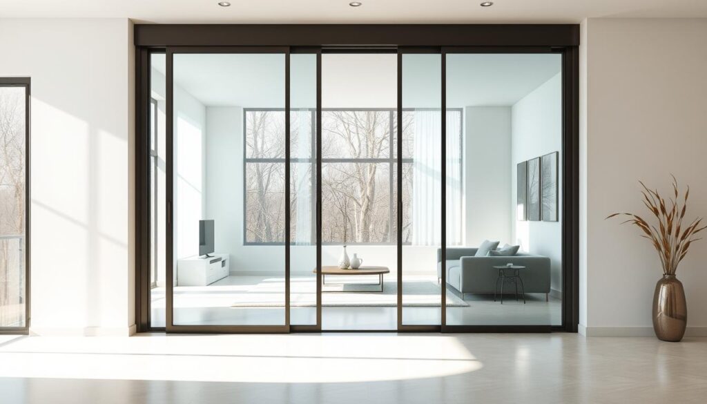 A grand glass sliding door, bathed in soft natural light, stands as the centerpiece of an elegant modern interior. The frame is sleek and minimalist, allowing the transparency of the glass to take center stage. The door glides effortlessly, its movement smooth and precise, creating a seamless transition between living spaces. Subtle reflections dance across the surface, adding depth and visual interest. The overall composition exudes a sense of sophistication, functionality, and a heightened appreciation for space-saving design. Carefully positioned lighting accentuates the door's clean lines and crystalline clarity, elevating the entire scene to one of refined simplicity.