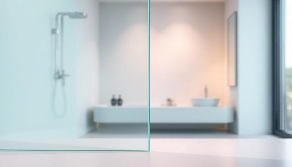 A high-quality, 6mm thick tempered safety glass (ESG) sheet sits prominently in the foreground, its smooth, translucent surface gleaming under soft, directional lighting. The glass casts a subtle, reflective glow, allowing the viewer to appreciate its clarity and structural integrity. In the background, a modern, minimalist bathroom setting provides context, hinting at the glass's intended use as a durable, safe shower enclosure. The overall composition conveys a sense of reliability, durability, and attention to detail, perfectly aligning with the "Glasqualität und Sicherheit" (Glass Quality and Safety) section of the article.