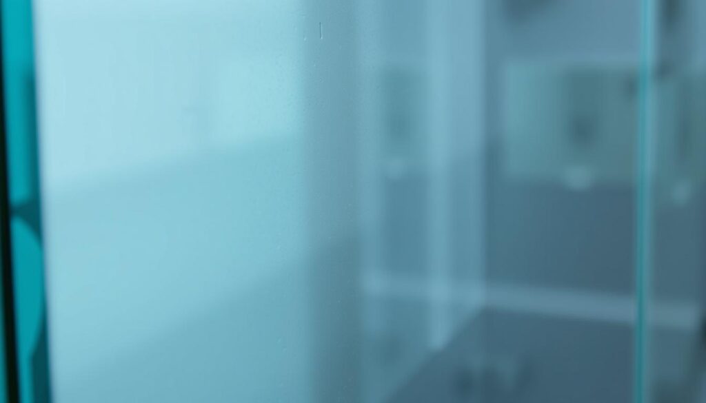 A high-quality, close-up photograph of a sheet of sicherheitsglas (tempered safety glass) with a smooth, reflective surface. The glass appears thick and sturdy, with a slight blue-green tint. Subtle light plays across the surface, creating a sense of depth and dimensionality. The background is blurred, keeping the focus squarely on the textured glass material. The image conveys a sense of strength, durability, and clarity, perfectly showcasing the key properties of sicherheitsglas for use in a frameless glass shower enclosure.