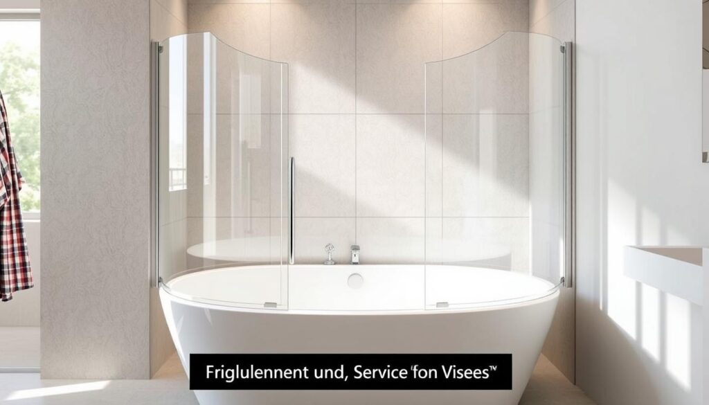 A high-quality, custom-fitted bathtub enclosure made of tempered glass, seamlessly integrated into the bathroom decor. The enclosure features clean, modern lines and a sleek, minimalist design that complements the tub's curves. Diffused natural light filters through the translucent panels, creating a serene, spa-like ambiance. The enclosure is precisely measured and installed, ensuring a perfect fit that enhances the overall aesthetic of the bathroom. The resulting image should convey a sense of elegance, functionality, and attention to detail, reflecting the "Kaufberatung und Service „Made easy"" experience promised in the article.