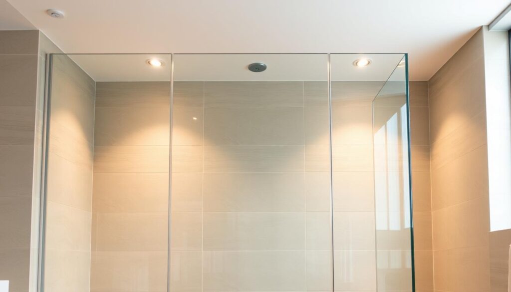 A high-quality, custom-fitted glass shower enclosure stands in a well-lit, modern bathroom. The sleek, frameless design features clear tempered glass panels, seamlessly integrated into the surrounding tiles. Warm, diffused lighting from recessed ceiling fixtures casts a soft, inviting glow, accentuating the transparency and minimalist elegance of the bespoke shower wall. The overall composition exudes a sense of spaciousness, cleanliness, and luxurious refinement, perfectly suited for a premium bathroom experience.